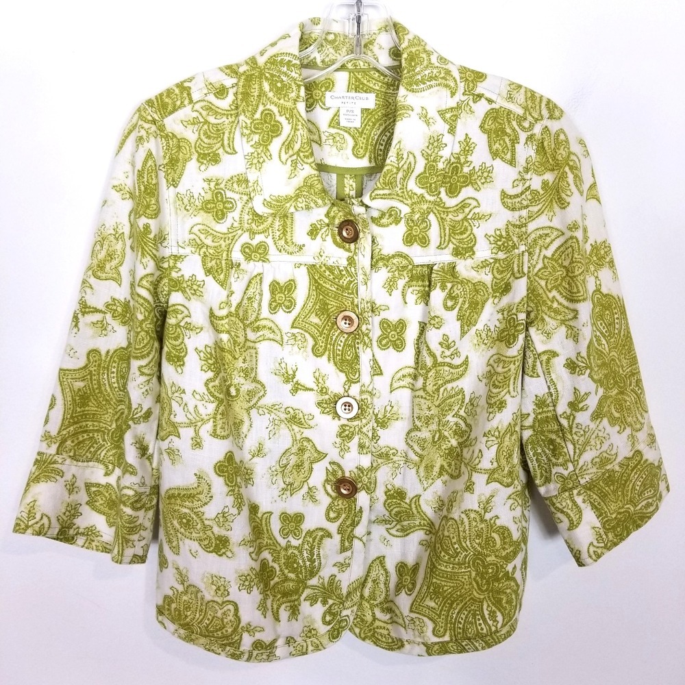 Charter Club Women 100% Linen Green White Button down Blazer Jacket Sz S Petite